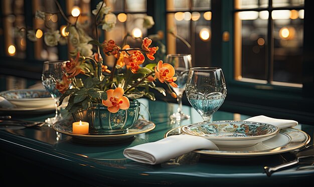 Elegant Table Setting With Flowers and Candles