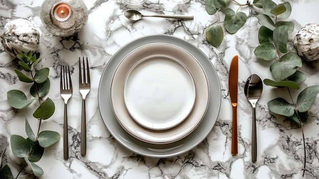 Photo elegant table setting with greenery and white marble