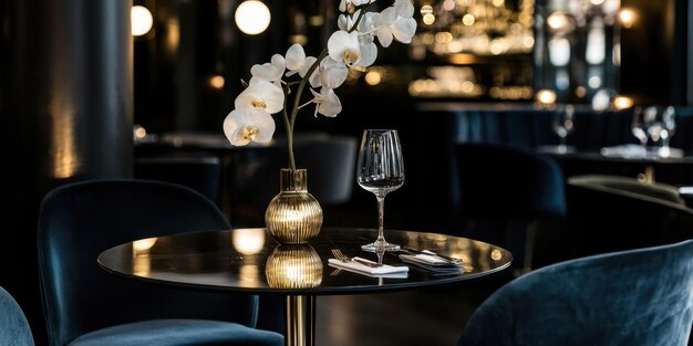 Photo elegant table setting with orchid and wine glass in a modern restaurant