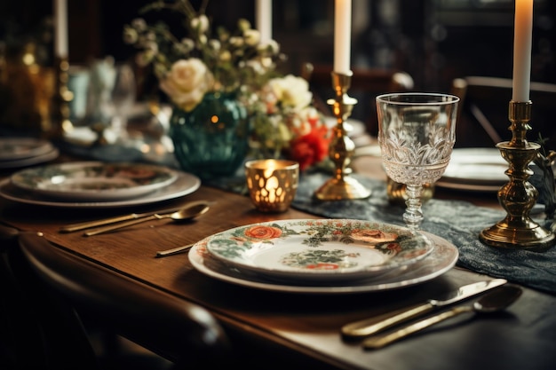 Elegant Table Setting with Plates Silverware and Candles