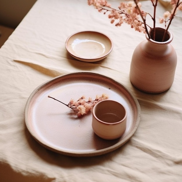 Elegant table setting with vase and flower on tablecloth