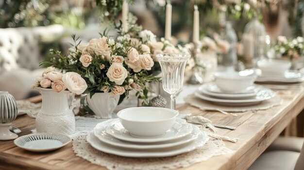 Photo elegant table setting with white plates and peach roses centerpiece on wooden table