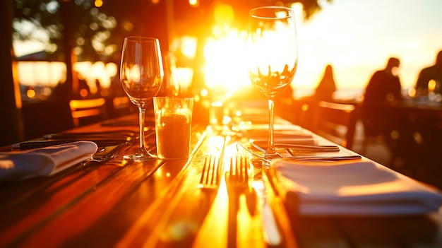 Photo elegant table setting with wine glass at sunsetxa