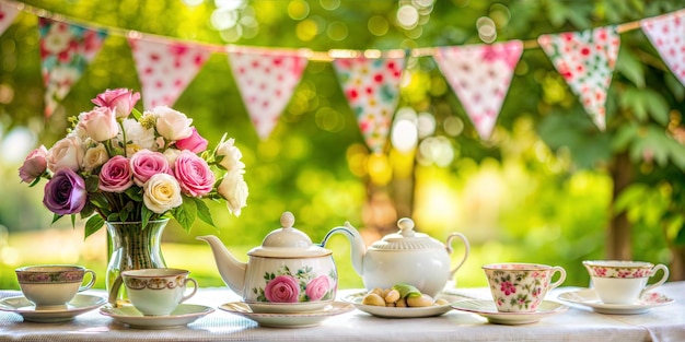 Photo elegant tea party banner with fine china and floral arrangements