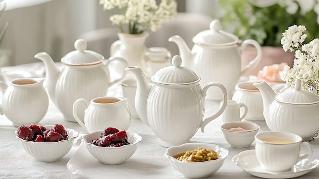 Photo elegant tea party setup delicate crockery featuring tea set milk jug chutney dish creating refined