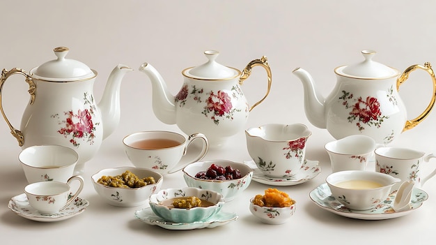 Photo elegant tea party setup delicate crockery featuring tea set milk jug chutney dish creating refined