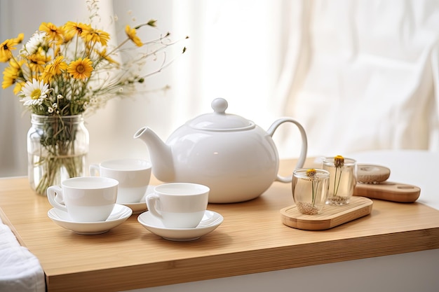 Elegant tea set on white table with tea pots and ingredients