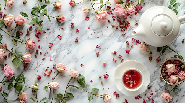 Elegant Tea Set with Pink Roses on Marble Background Perfect for Romantic and Vintage Themes