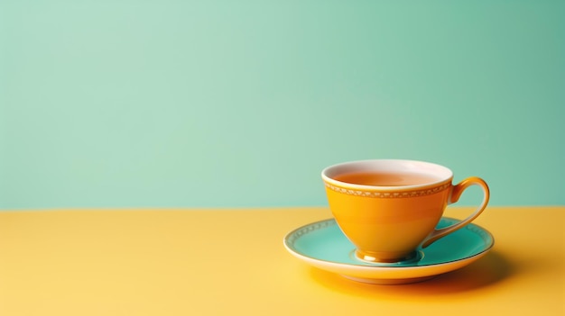 Elegant teacup with saucer on a vibrant teal and yellow colorblock background