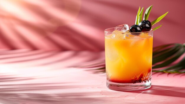 Elegant Tequila Sunrise Cocktail with Black Cherries and Ice on a Pink Textured Background