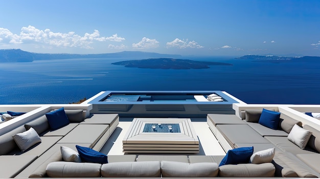 an elegant terrace adorned with modern sofas white walls gray cushions blue pillows and a jacuzzi overlooking the Black Sea under a bright sky