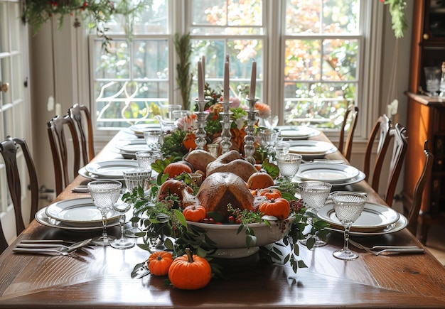 An elegant Thanksgiving dinner table set with a bountiful feast including a golden turkey autumnal d