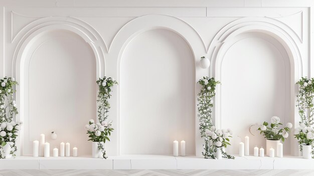 Elegant threepart arched backdrop with hanging greenery and floral arrangements