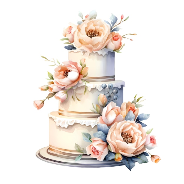 Elegant tiered cake with peach roses and blue floral accents