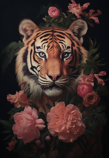 Elegant tiger holding bunch of flowers creative holiday greeting card design valentine day concept