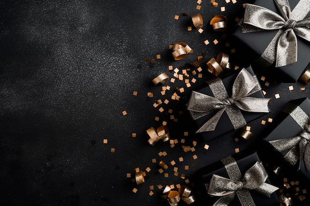 Elegant Top View of Black Gift Boxes with Ribbon Bow Tag and Silver Confetti on Isolated Black Backg