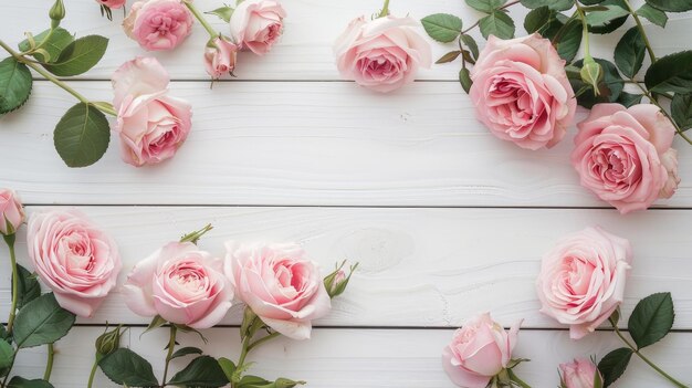 Photo elegant top view of soft pink roses on white wooden floor for romantic wedding invitations