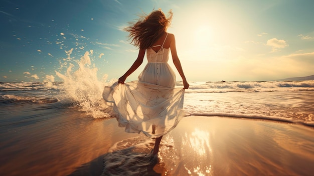 Elegant tourist woman in white dress walking on a tropical beach