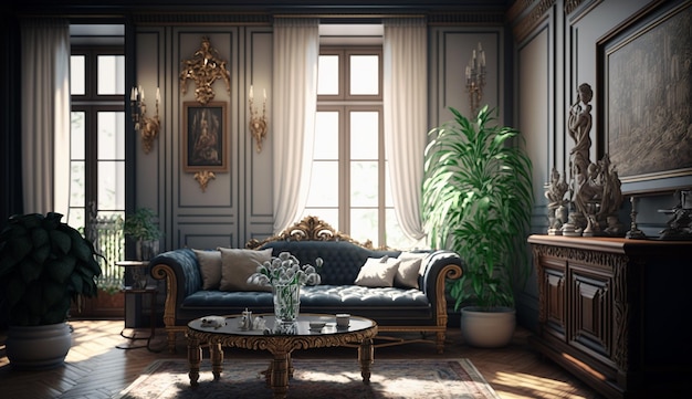 Elegant traditional home living room interior design AI Generated image