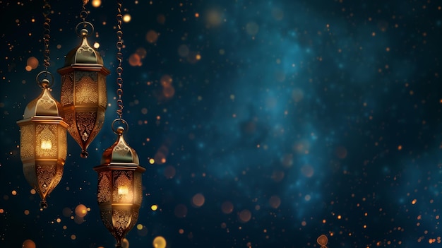 Elegant traditional lanterns glow against a shimmering dark blue bokeh background in a festive night