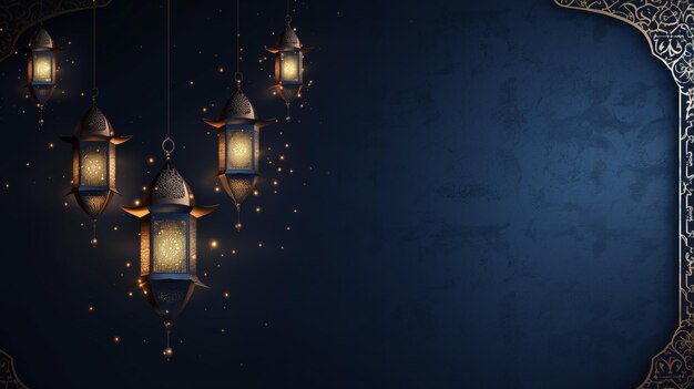 Elegant traditional lanterns hanging against a dark blue background with glittering lights and