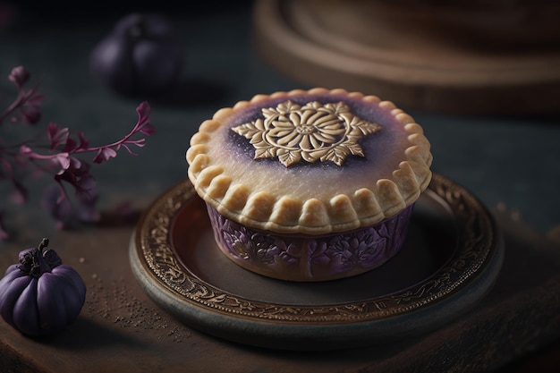 Elegant traditional plum mini pie with delicate purple decoration on top