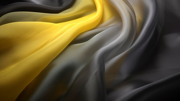 Elegant transparent translucent and smooth silk or satin luxury cloth texture background Luxurious background design Yellow and gray color