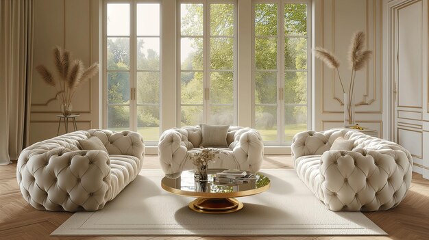 Elegant Tufted Seating in Sunlit Classical Interior