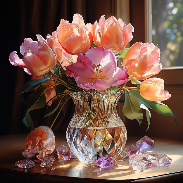 Photo elegant tulip bouquet in crystal vase