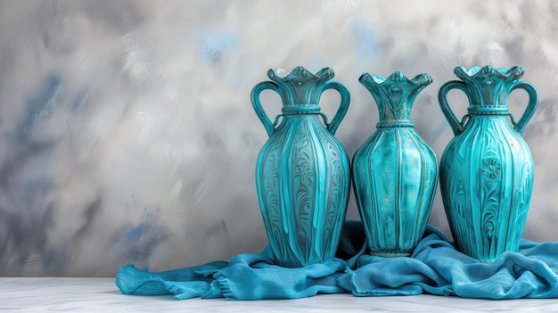 Elegant turquoise ceramic pitchers on a textured backdrop with a draped cloth