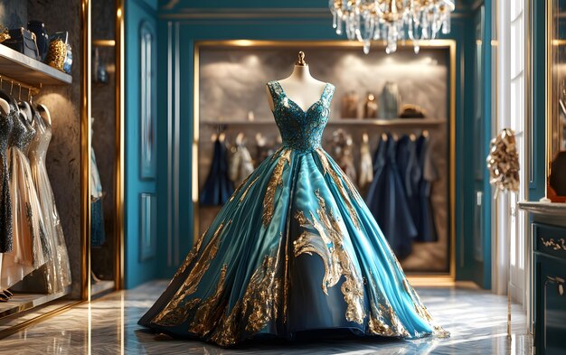 Elegant turquoise gown adorned with golden embellishments set in a luxurious fashion boutique