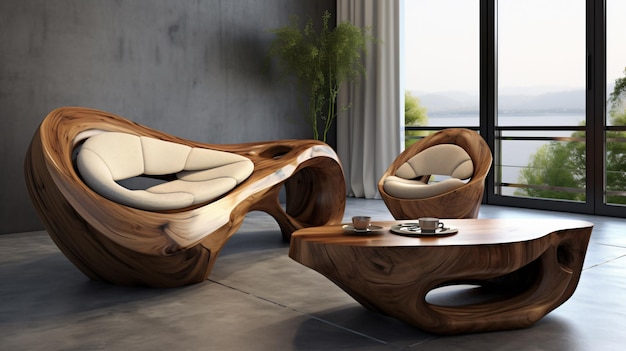 Elegant unique lounge chair and rustic wooden