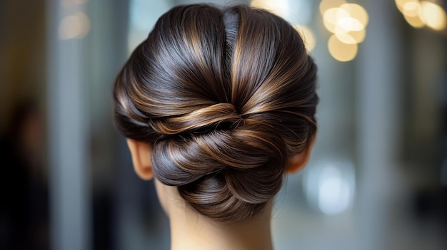 Elegant updo hairstyle with intricate twists at a stylish event