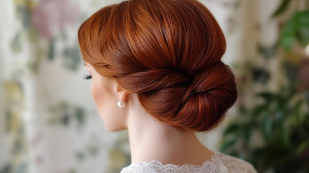 Elegant updo hairstyle of a woman with red hair at a romantic indoor location