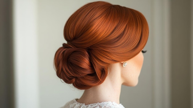 Elegant updo hairstyle for women with rich red hair in a softly lit indoor setting