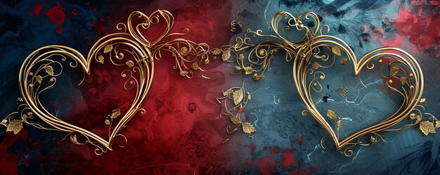 Photo elegant valentines day wallpaper with golden hearts on blue and red background