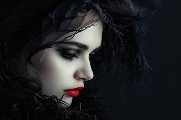 Elegant Vampire Woman With Stunning Dark Makeup Against Black Backdrop