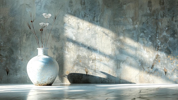 Photo elegant vase with delicate flowers casting shadows on a textured wall indoors