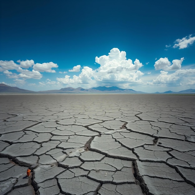 Elegant Vast cracked desert under a deep blue sky with white clouds creating an otherworldly and s