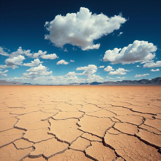 Elegant Vast cracked desert under a deep blue sky with white clouds creating an otherworldly and s