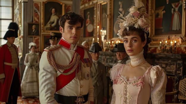 Elegant Victorian Couple in Historical Attire at a Lavish Palace Even