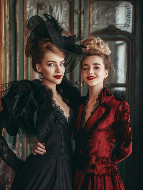 Photo elegant victorian fashion portrait of two women in vintage dresses