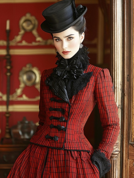 Photo elegant victorian fashion red and black historical attire with top hat