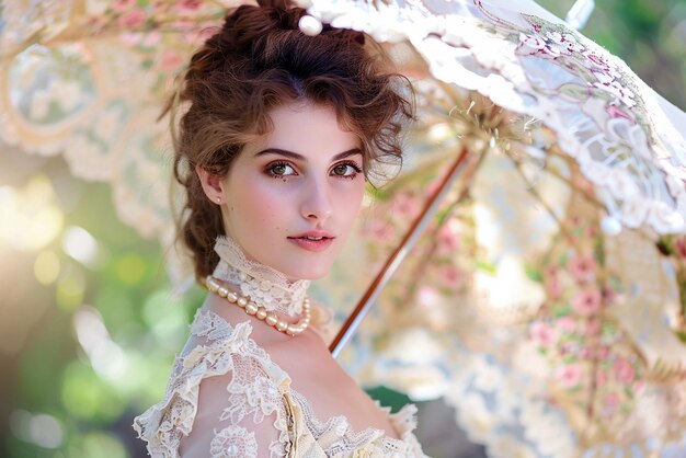 Elegant Victorian lady at picnic with floral dress and accessories