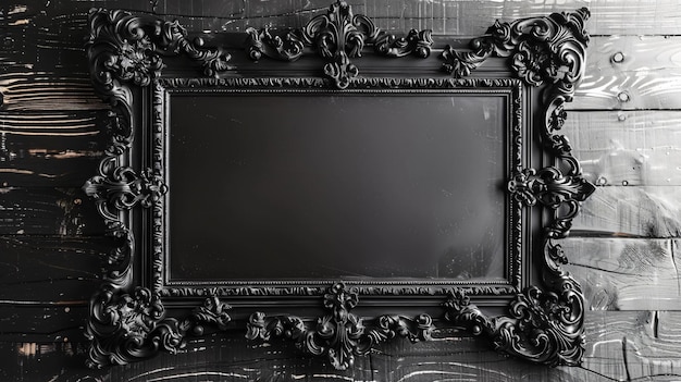 Photo elegant victorian metal frame on black wood background