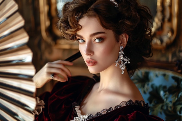 Elegant Victorian woman at concert in velvet dress with accessories