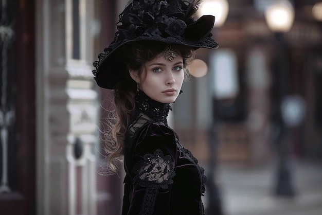 Elegant Victorian woman in fashionable attire walking down street