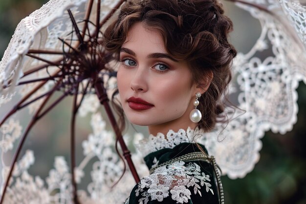 Elegant Victorian woman in garden wearing velvet and pearls