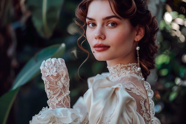 Elegant Victorian woman poses in garden wearing satin gown