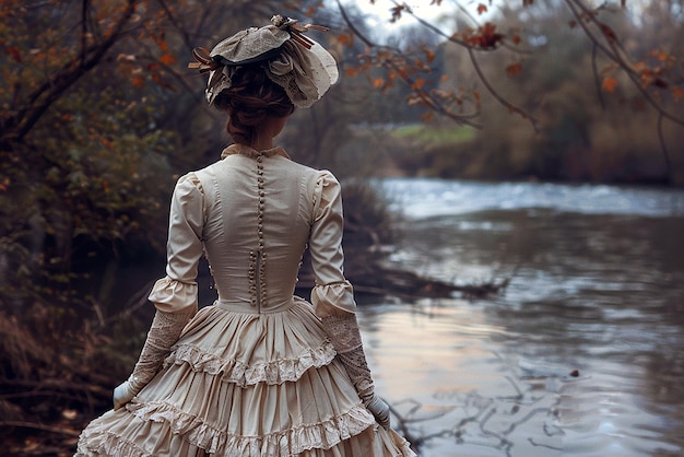 Photo elegant victorian woman in ruffled dress walking by river